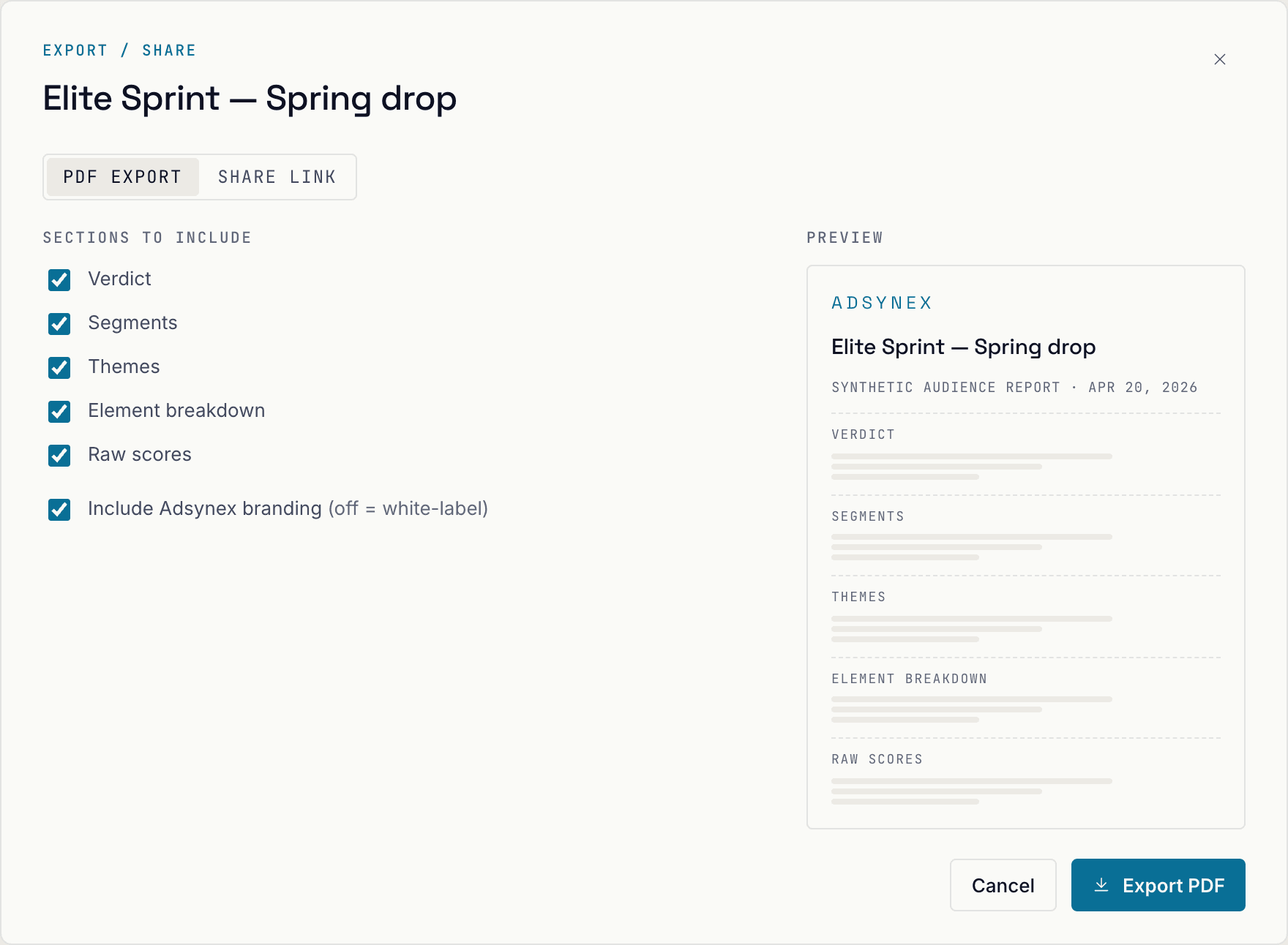 Export dialog with section checkboxes and a white-label option