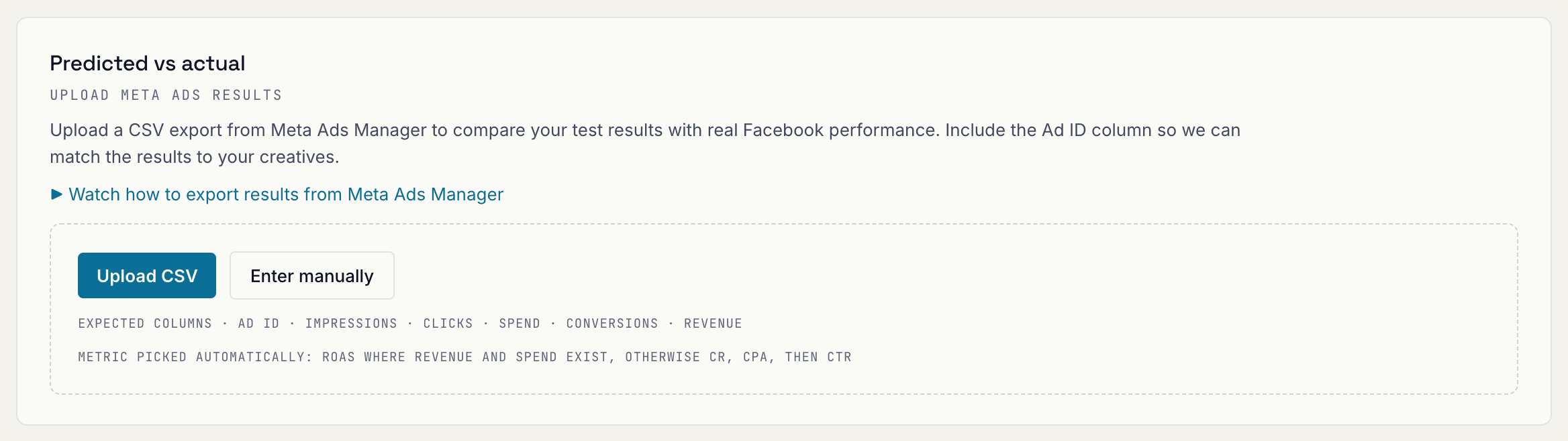 Predicted vs actual block with Meta Ads CSV upload