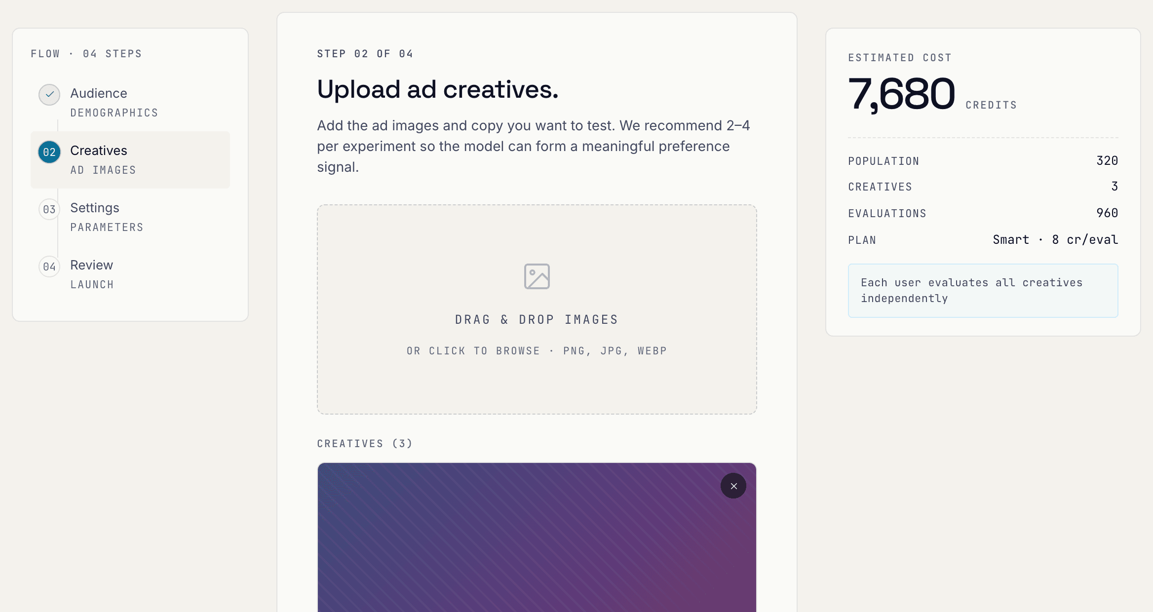 Creatives step: upload area and a creative with headline field
