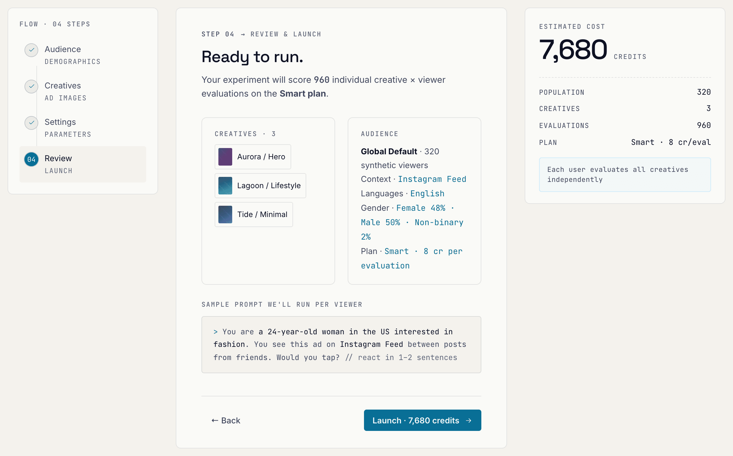 Review step: creatives, audience, plan and the launch button with credit cost