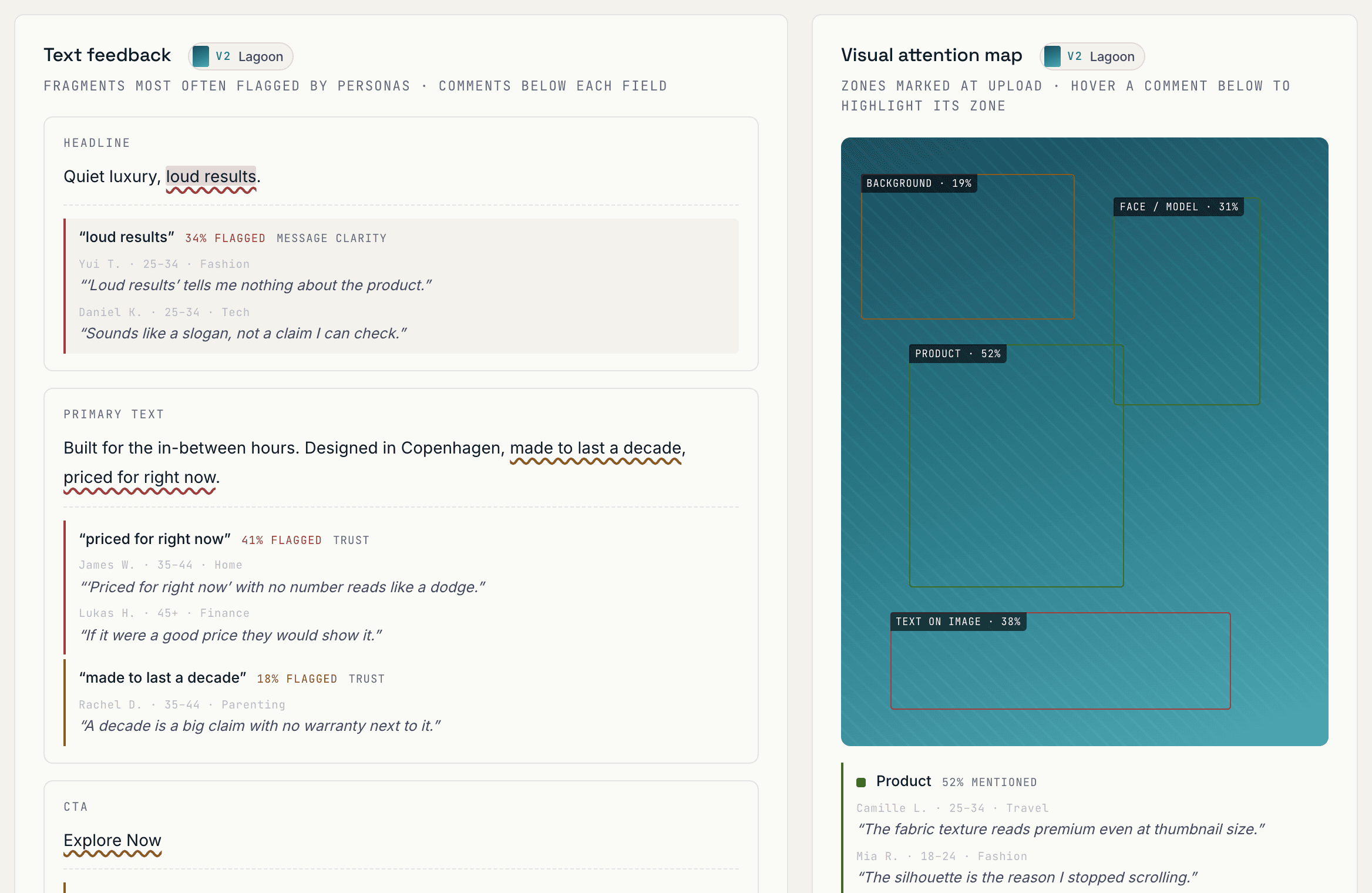 Text feedback with flagged phrases and a visual attention map with zones
